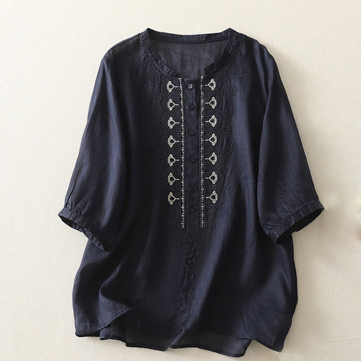 Chemise femme à manches mi-longues en coton et lin avec broderie symétrique Buddha Stones - Bleu nuit - US8-10，UK/AU12-14，EU40-42 (2XL) - image 1