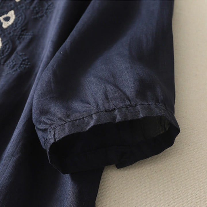 Chemise femme à manches mi-longues en coton et lin avec broderie symétrique Buddha Stones - image 3