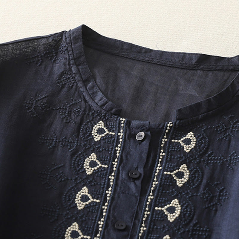 Chemise femme à manches mi-longues en coton et lin avec broderie symétrique Buddha Stones - image 3