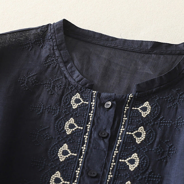 Chemise femme à manches mi-longues en coton et lin avec broderie symétrique Buddha Stones - image 3