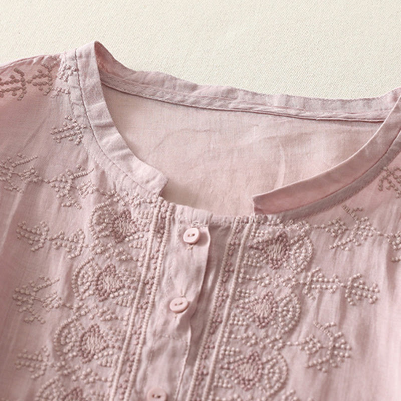 Chemise femme à manches mi-longues en coton et lin avec broderie symétrique Buddha Stones - image 11