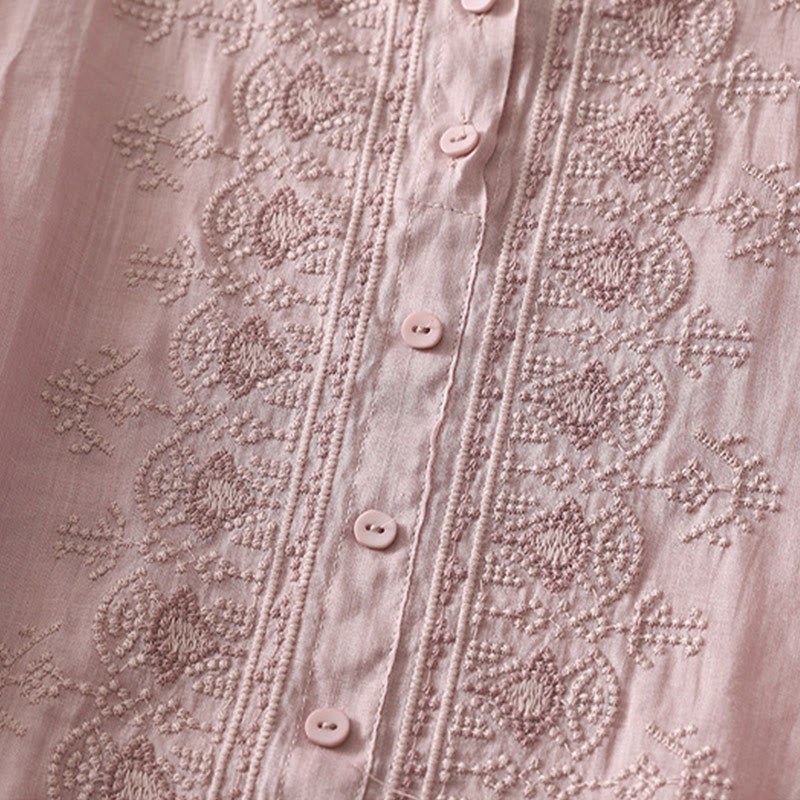 Chemise femme à manches mi-longues en coton et lin avec broderie symétrique Buddha Stones - image 10