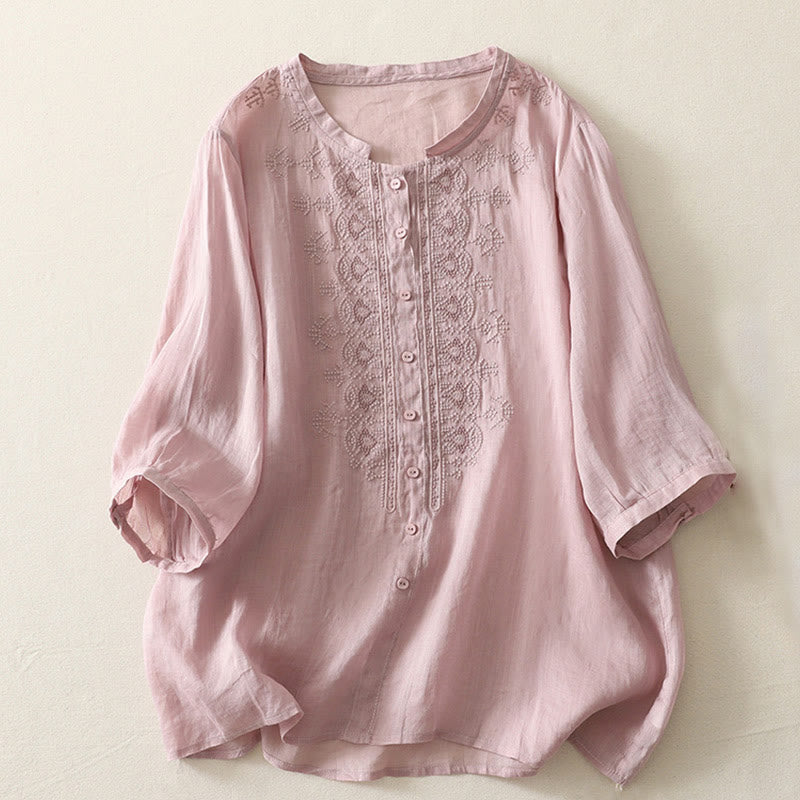 Chemise femme à manches mi-longues en coton et lin avec broderie symétrique Buddha Stones - Rose - US8-10，UK/AU12-14，EU40-42 (2XL) - image 7