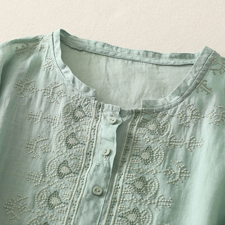 Chemise femme à manches mi-longues en coton et lin avec broderie symétrique Buddha Stones - image 14