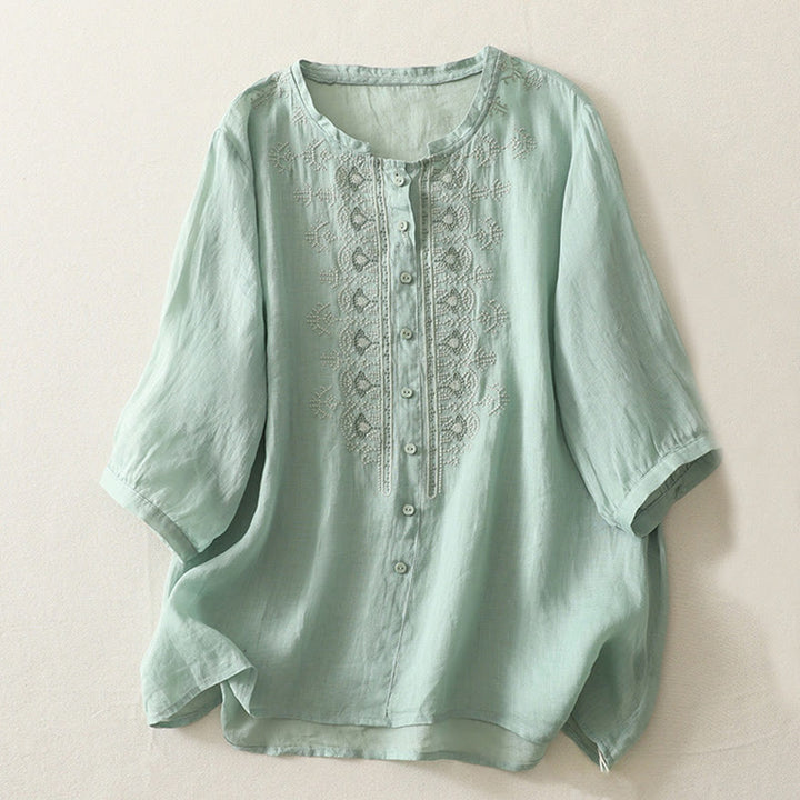 Chemise femme à manches mi-longues en coton et lin avec broderie symétrique Buddha Stones - Aigue-marine moyenne - US8-10，UK/AU12-14，EU40-42 (2XL) - image 13