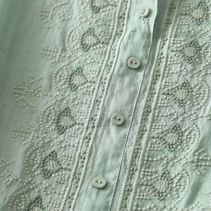 Chemise femme à manches mi-longues en coton et lin avec broderie symétrique Buddha Stones - image 16