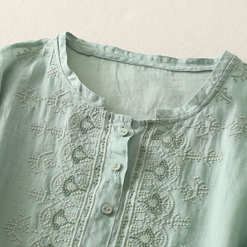 Chemise femme à manches mi-longues en coton et lin avec broderie symétrique Buddha Stones - image 15