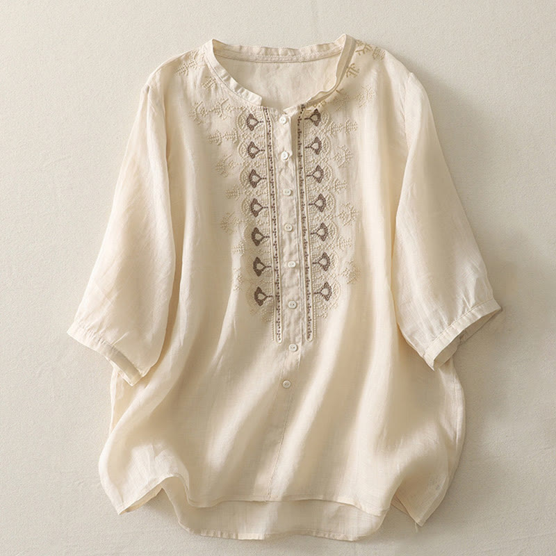 Chemise femme à manches mi-longues en coton et lin avec broderie symétrique Buddha Stones - Jaune doré clair - US8-10，UK/AU12-14，EU40-42 (2XL) - image 17