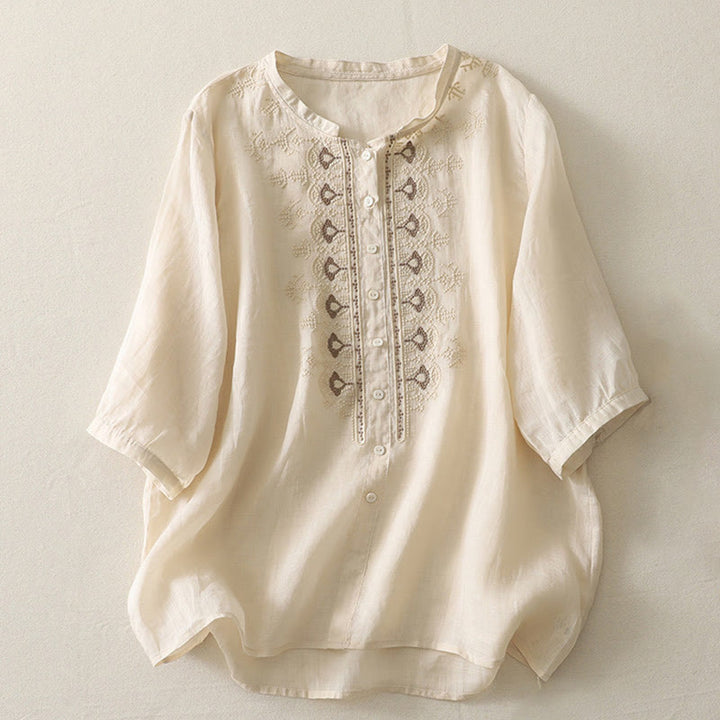 Chemise femme à manches mi-longues en coton et lin avec broderie symétrique Buddha Stones - Jaune doré clair - US8-10，UK/AU12-14，EU40-42 (2XL) - image 17