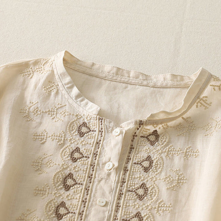 Chemise femme à manches mi-longues en coton et lin avec broderie symétrique Buddha Stones - image 20