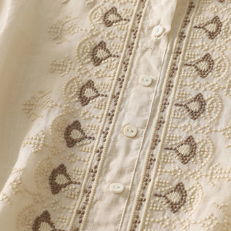 Chemise femme à manches mi-longues en coton et lin avec broderie symétrique Buddha Stones - image 24