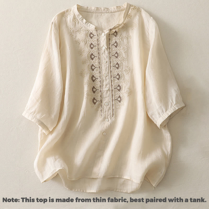 Chemise femme à manches mi-longues en coton et lin avec broderie symétrique Buddha Stones - image 18