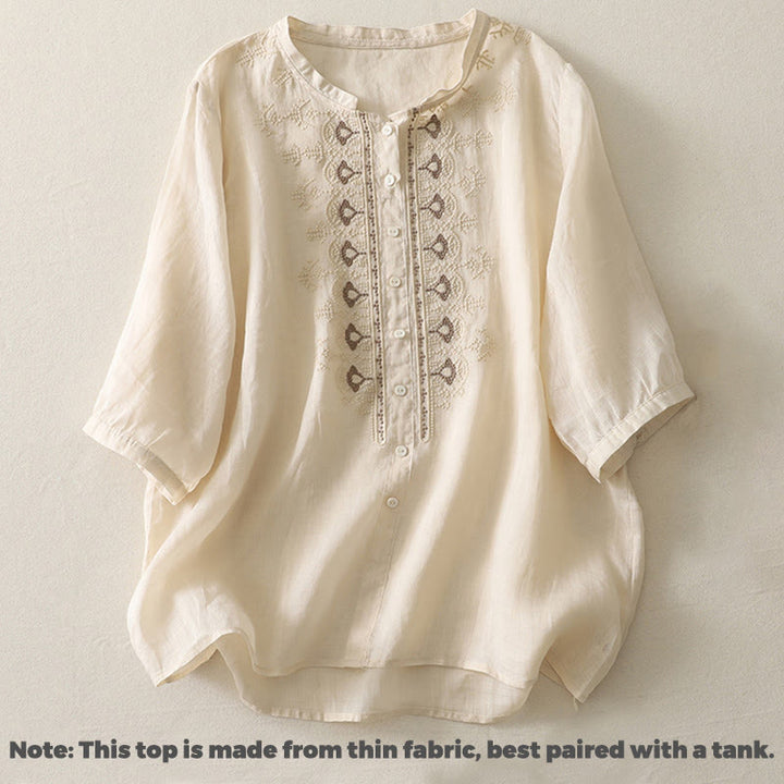 Chemise femme à manches mi-longues en coton et lin avec broderie symétrique Buddha Stones - image 18