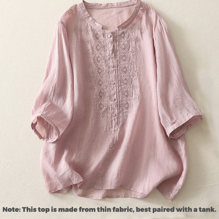 Chemise femme à manches mi-longues en coton et lin avec broderie symétrique Buddha Stones - image 7