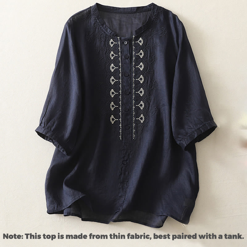 Chemise femme à manches mi-longues en coton et lin avec broderie symétrique Buddha Stones - image 2