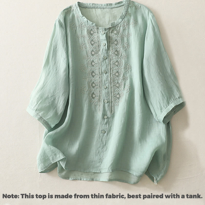 Chemise femme à manches mi-longues en coton et lin avec broderie symétrique Buddha Stones - image 14