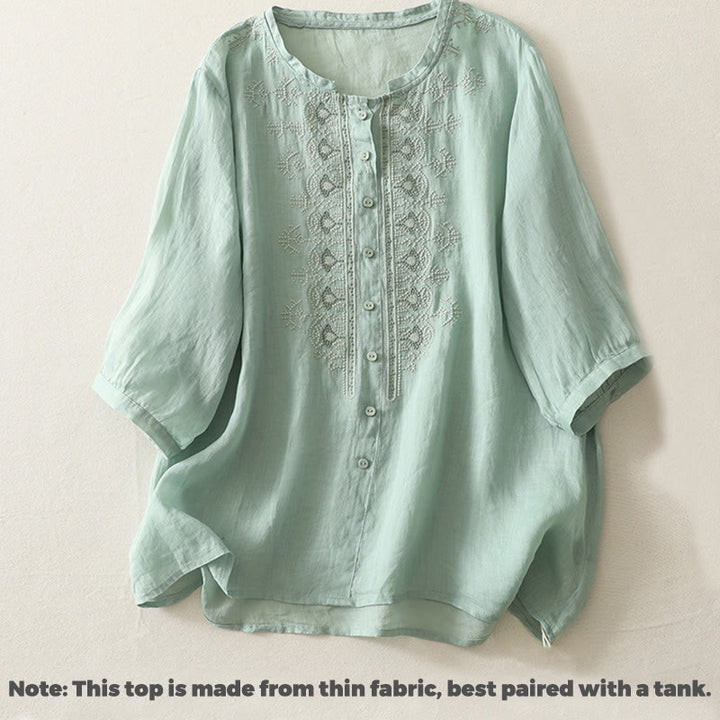 Chemise femme à manches mi-longues en coton et lin avec broderie symétrique Buddha Stones - image 14