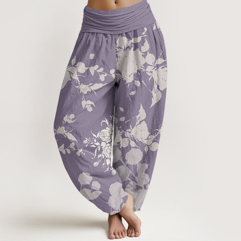 Pantalon sarouel taille élastique pour femme en pur coton avec motif de fleurs en bourgeons et Buddha Stones