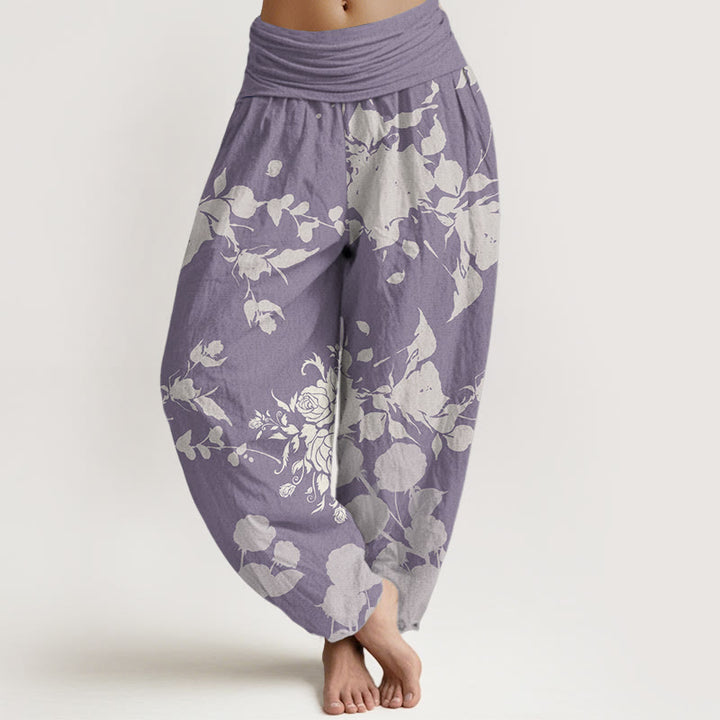 Pantalon sarouel taille élastique pour femme en pur coton avec motif de fleurs en bourgeons et Buddha Stones