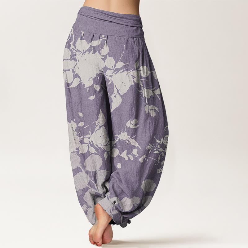 Pantalon sarouel taille élastique pour femme en pur coton avec motif de fleurs en bourgeons et Buddha Stones