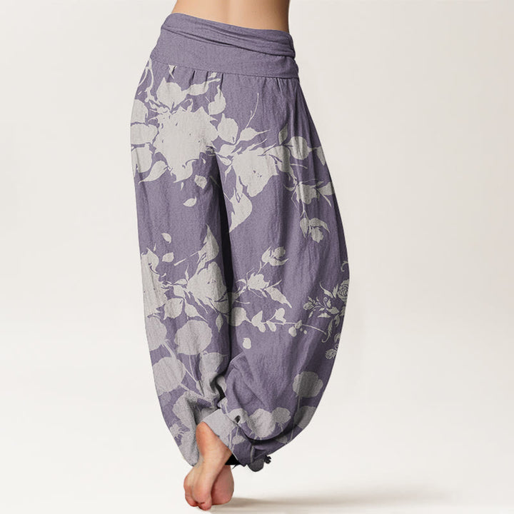 Pantalon sarouel taille élastique pour femme en pur coton avec motif de fleurs en bourgeons et Buddha Stones