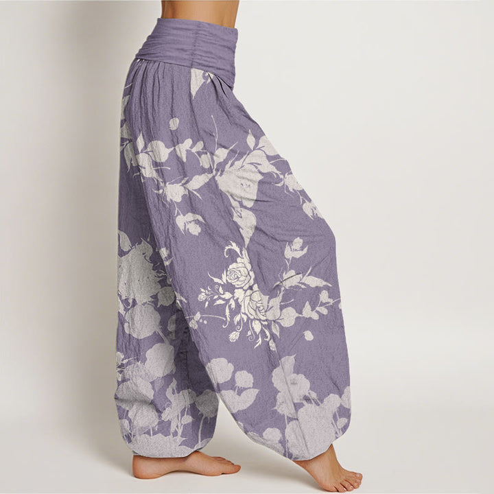 Pantalon sarouel taille élastique pour femme en pur coton avec motif de fleurs en bourgeons et Buddha Stones