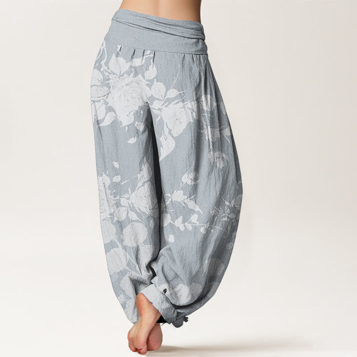 Pantalon sarouel taille élastique pour femme en pur coton avec motif de fleurs en bourgeons et Buddha Stones