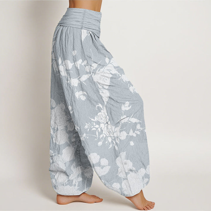 Pantalon sarouel taille élastique pour femme en pur coton avec motif de fleurs en bourgeons et Buddha Stones