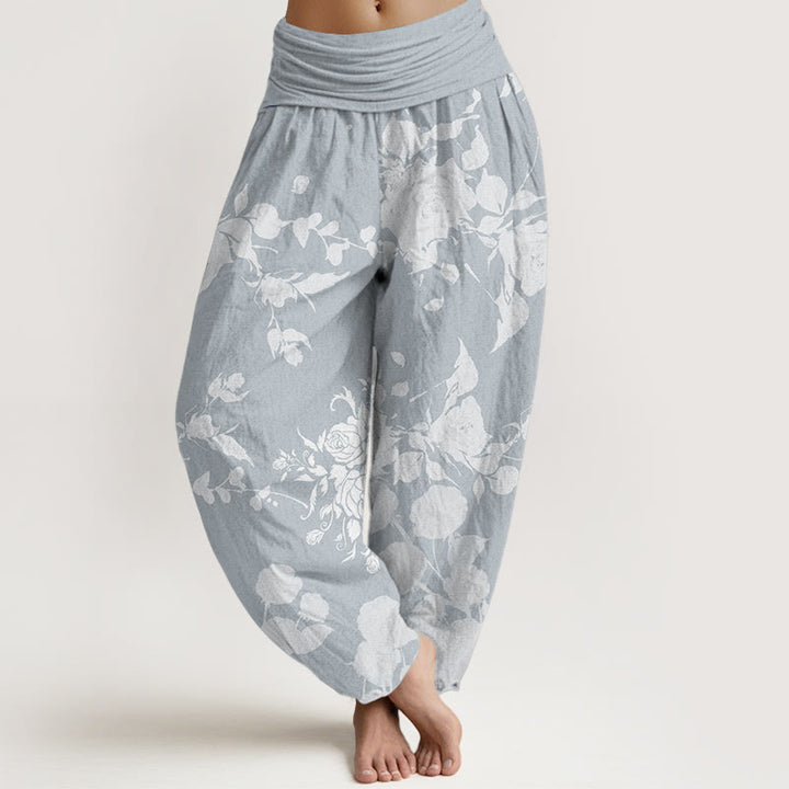 Pantalon sarouel taille élastique pour femme en pur coton avec motif de fleurs en bourgeons et Buddha Stones