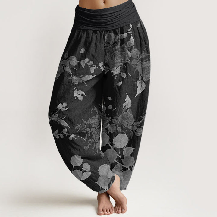 Pantalon sarouel taille élastique pour femme en pur coton avec motif de fleurs en bourgeons et Buddha Stones
