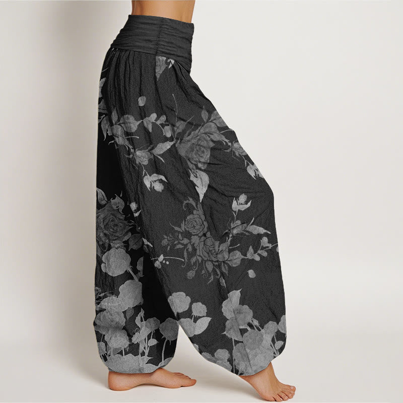 Pantalon sarouel taille élastique pour femme en pur coton avec motif de fleurs en bourgeons et Buddha Stones