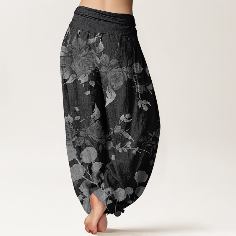 Pantalon sarouel taille élastique pour femme en pur coton avec motif de fleurs en bourgeons et Buddha Stones