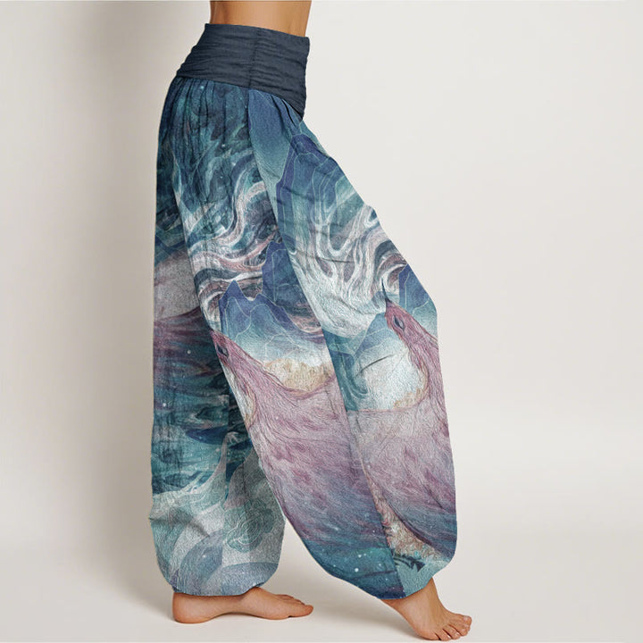 Pantalon sarouel taille élastique pour femme en pur coton avec motif de créatures mythiques et Buddha Stones