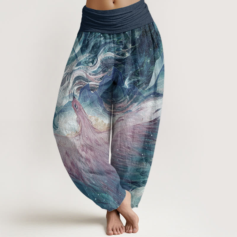 Pantalon sarouel taille élastique pour femme en pur coton avec motif de créatures mythiques et Buddha Stones - SteelBlue - US22，UK/AU26，EU54 (6XL) - image 0