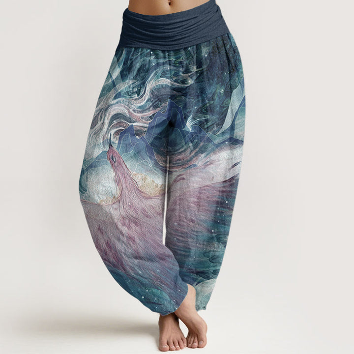 Pantalon sarouel taille élastique pour femme en pur coton avec motif de créatures mythiques et Buddha Stones