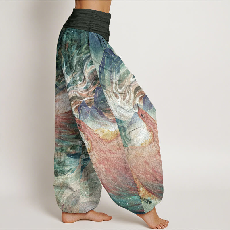 Pantalon sarouel taille élastique pour femme en pur coton avec motif de créatures mythiques et Buddha Stones