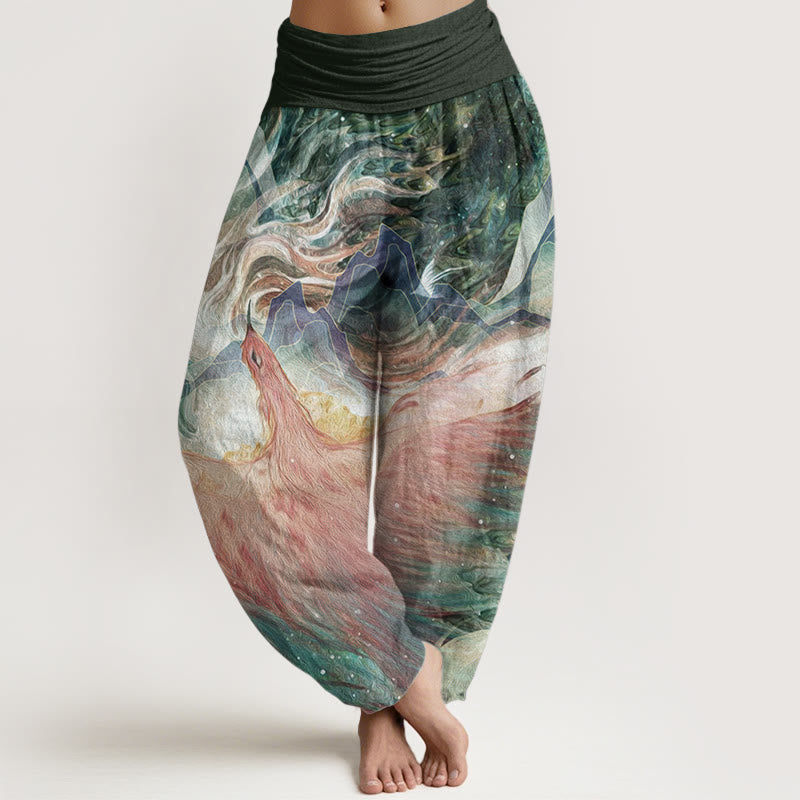 Pantalon sarouel taille élastique pour femme en pur coton avec motif de créatures mythiques et Buddha Stones