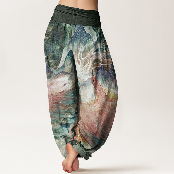 Pantalon sarouel taille élastique pour femme en pur coton avec motif de créatures mythiques et Buddha Stones