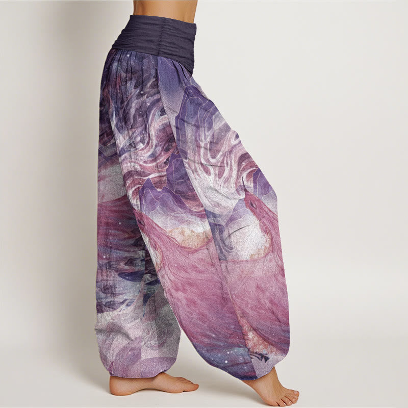 Pantalon sarouel taille élastique pour femme en pur coton avec motif de créatures mythiques et Buddha Stones