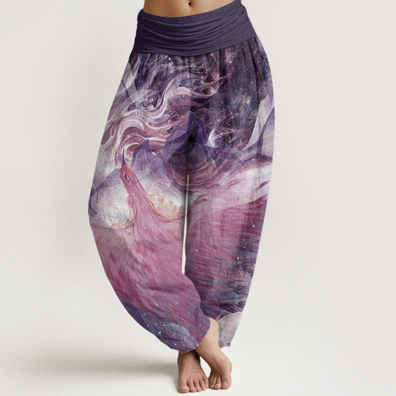 Pantalon sarouel taille élastique pour femme en pur coton avec motif de créatures mythiques et Buddha Stones