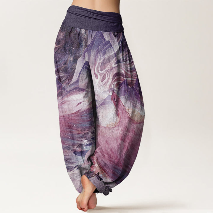 Pantalon sarouel taille élastique pour femme en pur coton avec motif de créatures mythiques et Buddha Stones