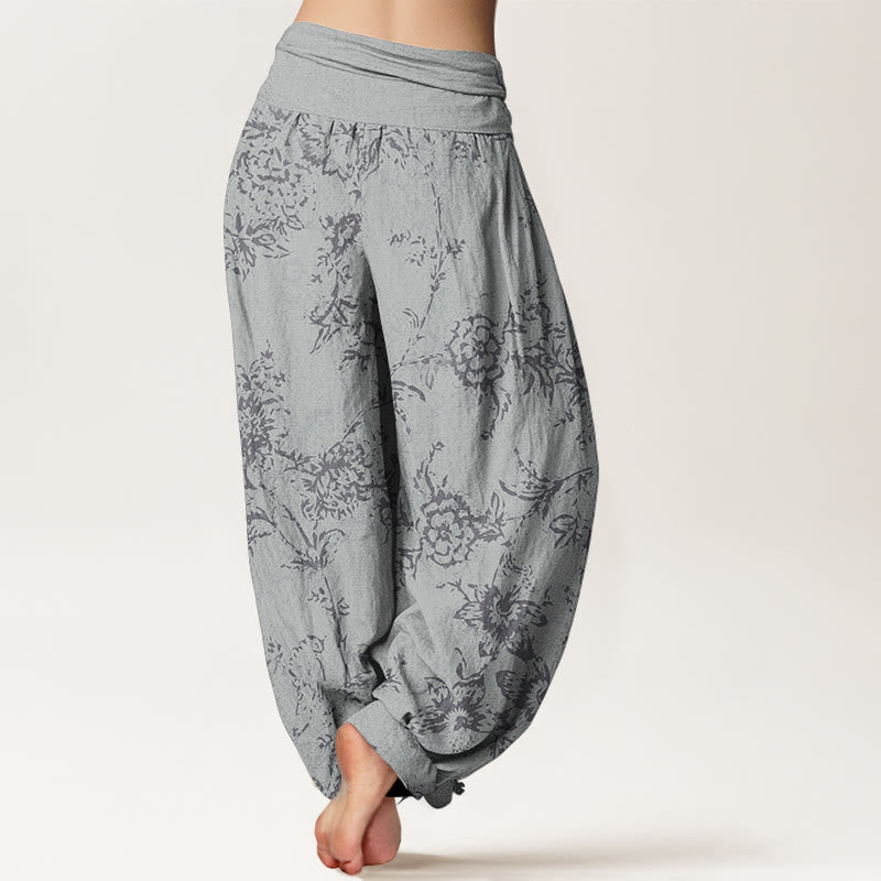 Pantalon sarouel femme en pur coton à motif floral et Buddha Stones , taille élastique - image 1