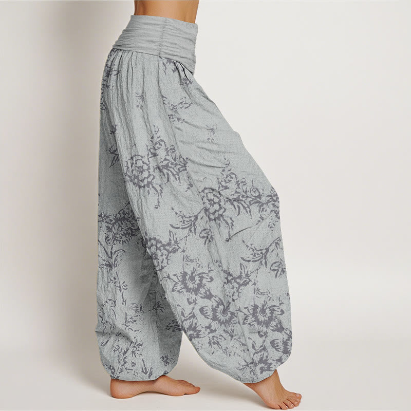 Pantalon sarouel femme en pur coton à motif floral et Buddha Stones , taille élastique