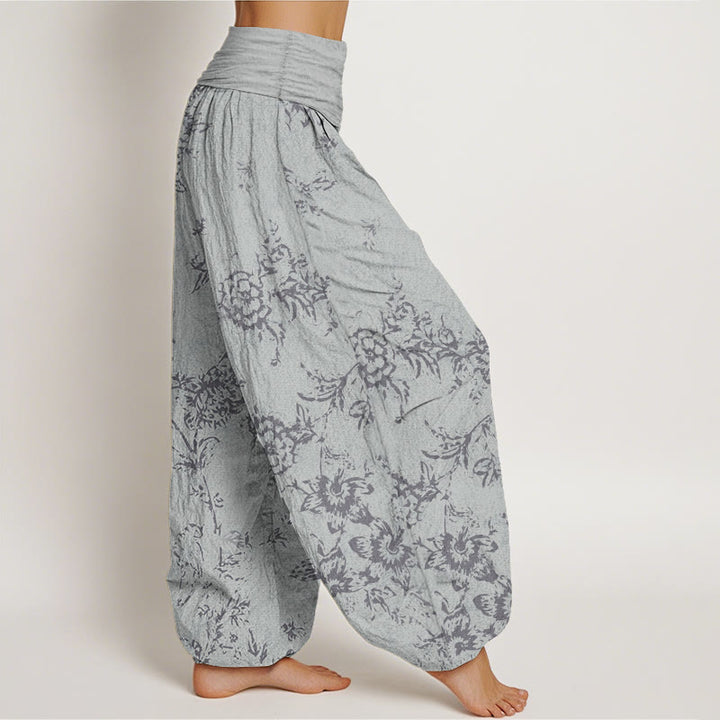 Pantalon sarouel femme en pur coton à motif floral et Buddha Stones , taille élastique