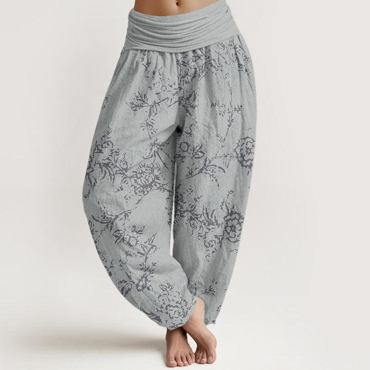 Pantalon sarouel femme en pur coton à motif floral et Buddha Stones , taille élastique