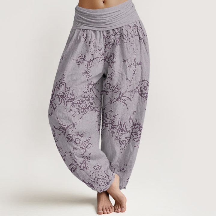 Pantalon sarouel femme en pur coton à motif floral et Buddha Stones , taille élastique