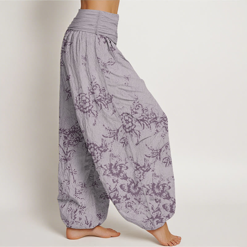 Pantalon sarouel femme en pur coton à motif floral et Buddha Stones , taille élastique