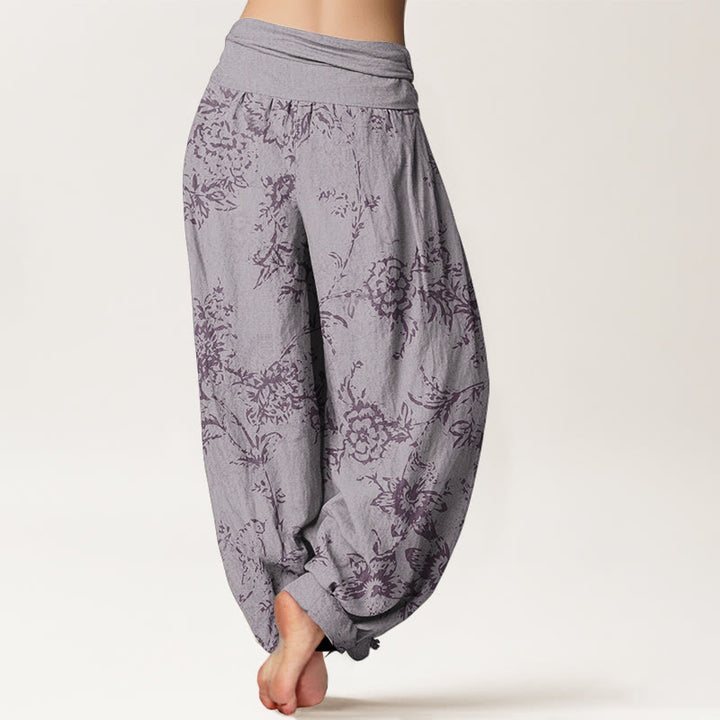 Pantalon sarouel femme en pur coton à motif floral et Buddha Stones , taille élastique