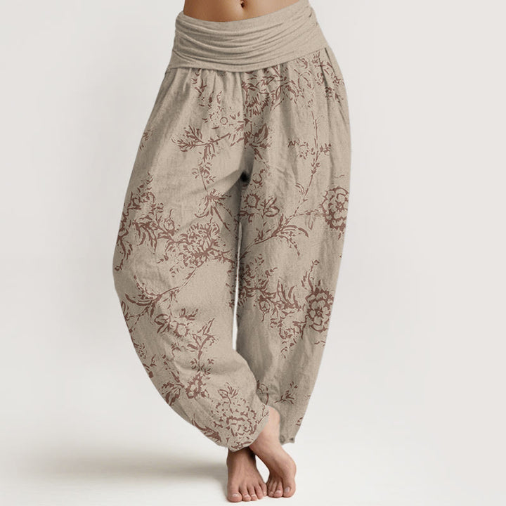 Pantalon sarouel femme en pur coton à motif floral et Buddha Stones , taille élastique