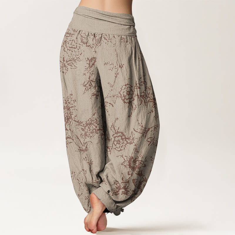 Pantalon sarouel femme en pur coton à motif floral et Buddha Stones , taille élastique